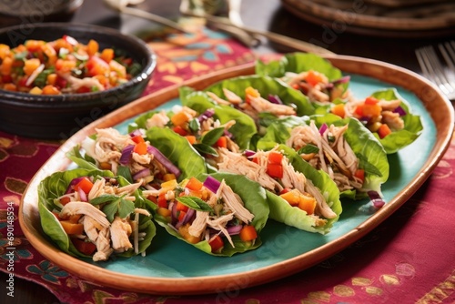turkey lettuce wraps on a colorful ceramic plate