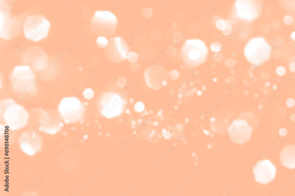 White blurred abstract bokeh lights on peach fuzz background. Snowy shiny glitter sparkle stars for celebrate White blurred abstract bokeh lights on peach fuzz background. Snowy shiny glitter sparkle stars for celebrate