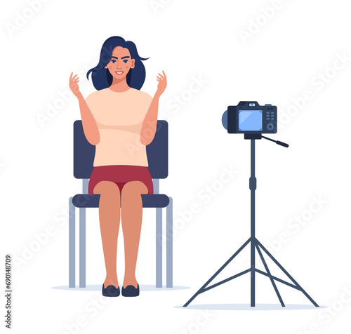 Shooting interview in professional studio. Soft box light, camera, spotlight. Professional equipment for video shooting. Woman having conversation on camera, making content. Vector illustration.