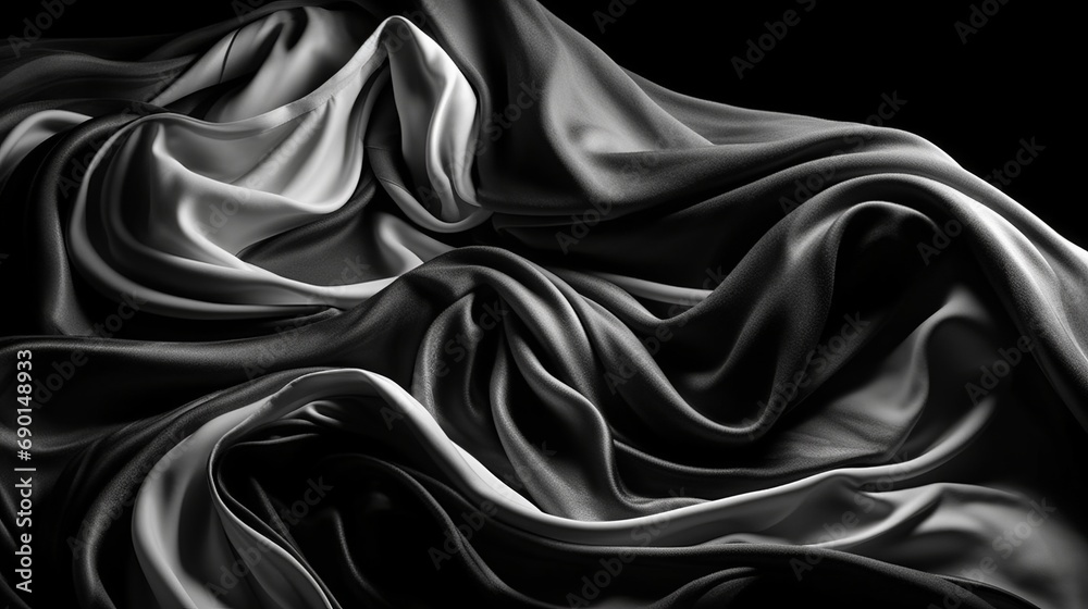 Black white silk satin fabric abstract background. Drapery fold crease wavy crumpled. Light shiny glitter shimmer shine. Luxury beauty rich. Sexy. Fluid flow liquid effect. Design. Wallpaper concept.