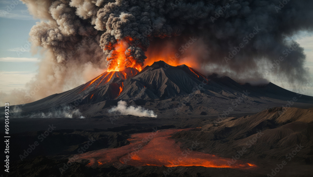 Eruption. Black smoke rises from an active volcano. Natural disasters and climate change concept.
