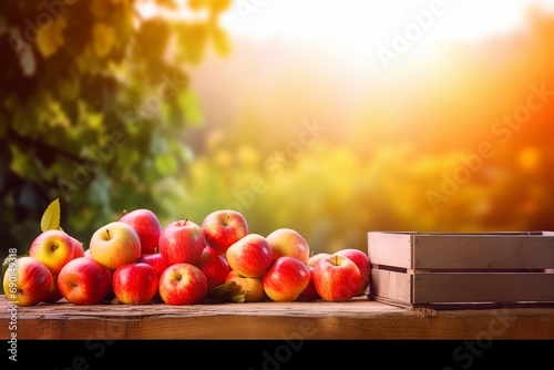 Apples In Wooden Crate On Table At Sunset. Autumn And Harvest Concept. generative ai.