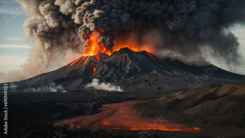 Eruption. Black smoke rises from an active volcano. Natural disasters and climate change concept.
