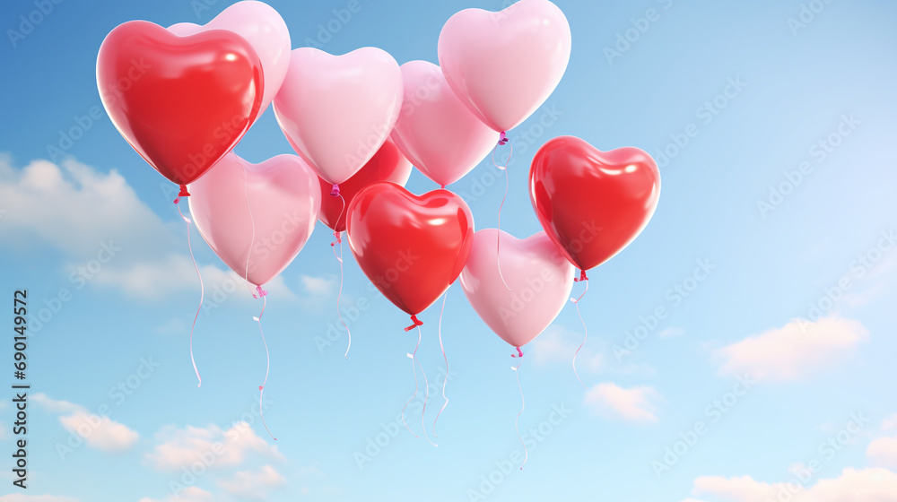 Romantic Valentine's Day Celebration: Heart-Shaped Balloons in Red and Pink Floating Against a Clear Blue Sky. High-Detail Image for Cheerful and Romantic Themes
