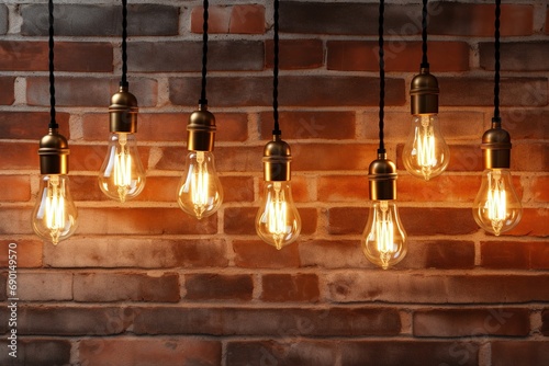 Decorative antique edison style light bulbs against brick wall background. vintage lamp decorative