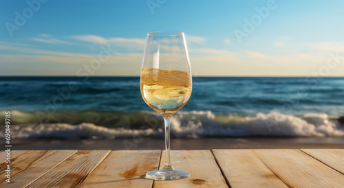 Close-up of a glass of white wine against of sea backdrop. Romantic trip concept. Generative AI