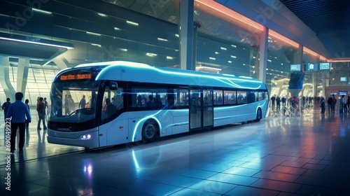 A sleek airport shuttle bus navigating through the arrivals area, providing seamless transportation for passengers arriving at a bustling terminal.
