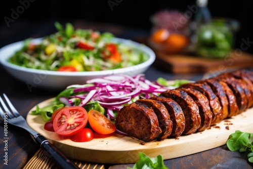 vegan bbq sausage sliced and served with salad photo