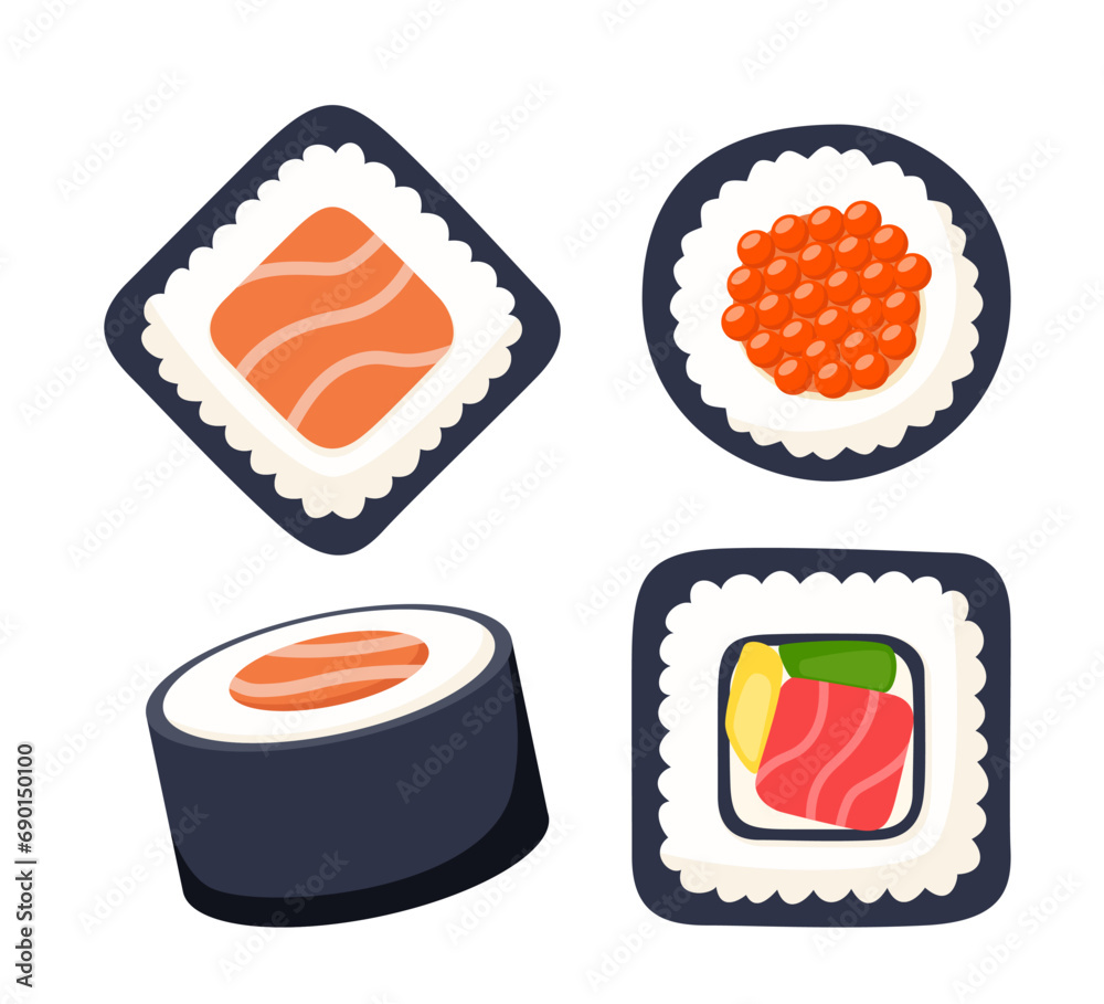 Sushi roll vector set. Japanese cuisine, traditional food. Vector illustration. Sushi roll vector set. Japanese cuisine, traditional food. Vector illustration.