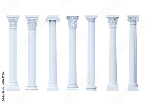 3d illustration. Set of vintage classic marble columns pillars