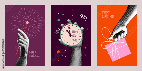 Happy new year design. Hands holding watch, gift,  and sparkler. Colorful collage style illustrations. Vector design for poster, banner, greeting and new year celebration.