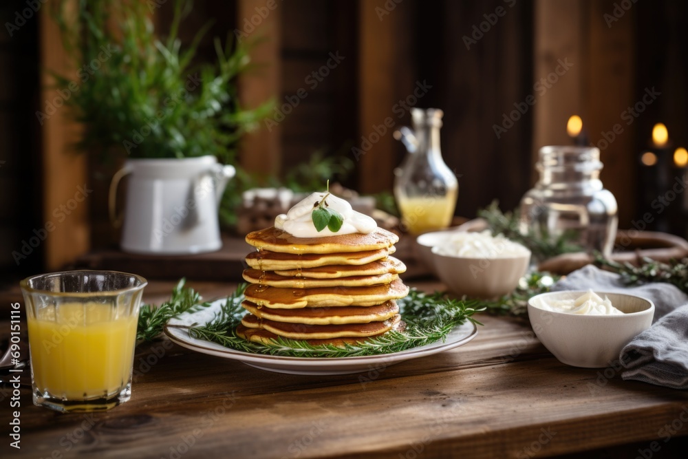 vegan pancakes on a rustic wooden table