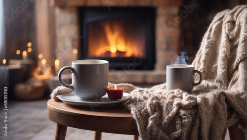 Hot Tea, Coffee and Candles in a Room with a Fireplace, Winter Themed