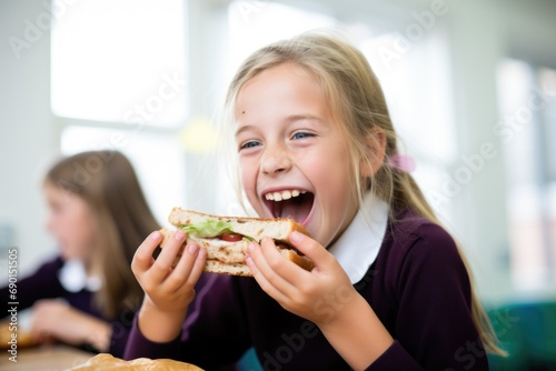 girl gleefully bites into a vegan sandwich during lunchtime in school photo