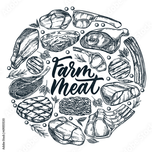 Farm fresh meat products package circle label or sticker. Vector hand drawn sketch illustration of beef, pork, lamb