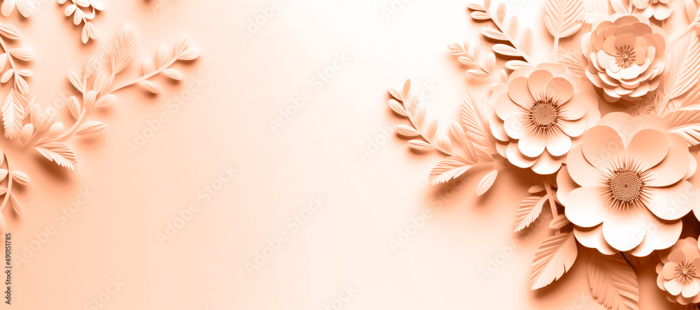 3D rendering of paper-cut plants and flowers on a background. Space for copying. The copy space is peach-colored. - obrazy, fototapety, plakaty 