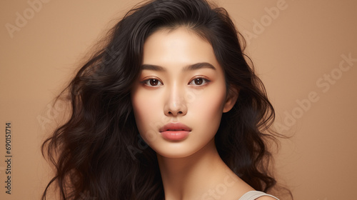 Fashion beauty portrait of young asian model with waving dark hair on beige background.