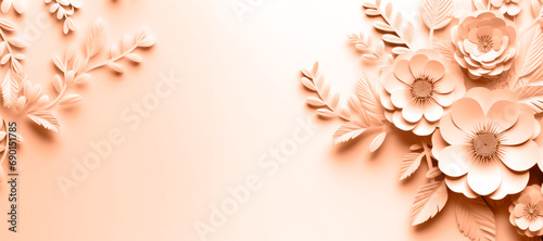3D rendering of paper-cut plants and flowers on a background. Space for copying. The copy space is peach-colored.