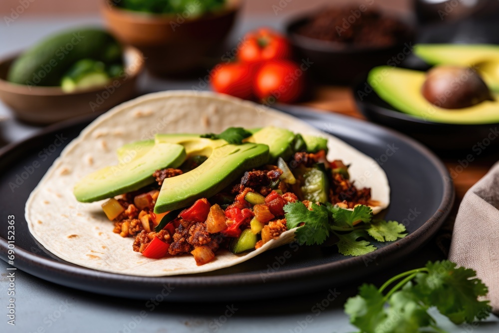 vegan taco with a side of avocado and chilli