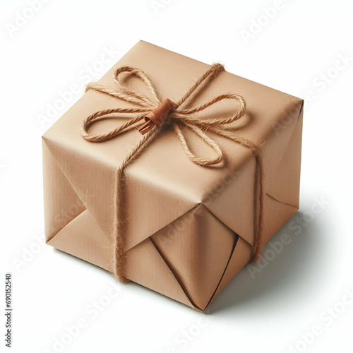 Cute brown paper wrapped gift bbox solated on white background.