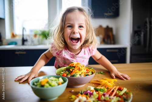 a child making a funny face at a veggie burrito bowl