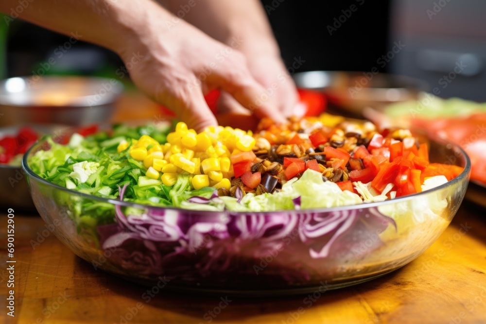 cook layering different vegetables on top of a burrito bowl base