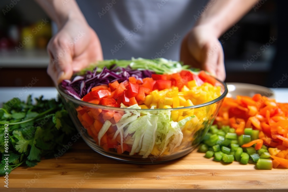cook layering different vegetables on top of a burrito bowl base