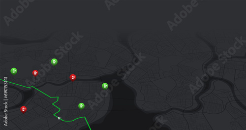 Location EV charging station location mark on gps navigation map. POI fast supercharger station. Path turns and destination tag or mark. Huge city top view. Tracking path, route. vector isometric