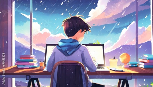 Garoto Lofi estudando em sua mesa chuvoso, nublado lá fora, lindo papel de parede 4K, fundo de streaming, estilo lofi, hiphop, anime, mangá © arine