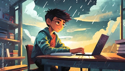 Garoto Lofi estudando em sua mesa chuvoso, nublado lá fora, lindo papel de parede 4K, fundo de streaming, estilo lofi, hiphop, anime, mangá © arine