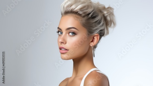 Beautiful model girl in a plain white studio  softly light. Suitable for diverse commercial projects