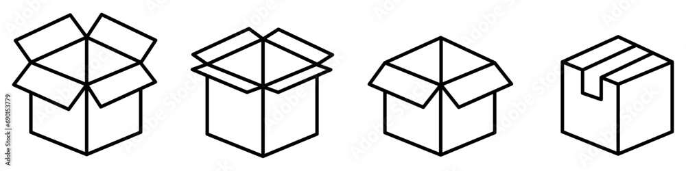 Box line icons set. Carton boxes icon set. Set of shipping, delivery box or container icons. Vector icons set in white background. Vector Illustration. Vector Graphic. EPS 10 Box line icons set. Carton boxes icon set. Set of shipping, delivery box or container icons. Vector icons set in white background. Vector Illustration. Vector Graphic. EPS 10