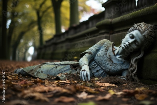 fallen statue in a city park, with cracked pavement