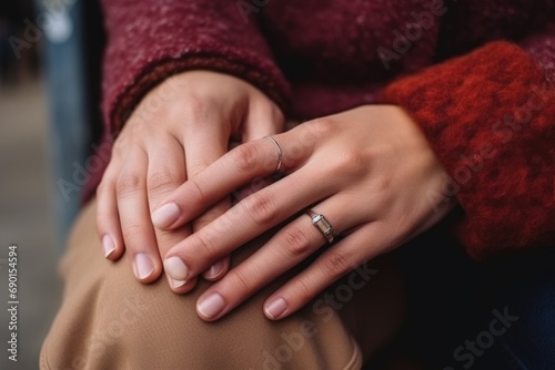 couples hands locked with an anniversary ring visible