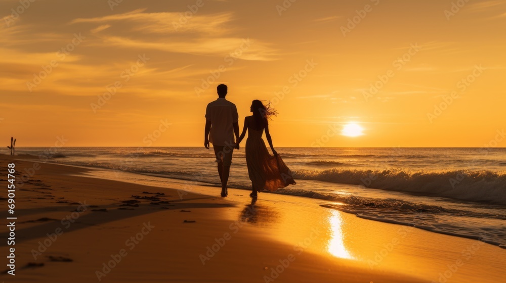 A man and a woman walking on a beach at sunset