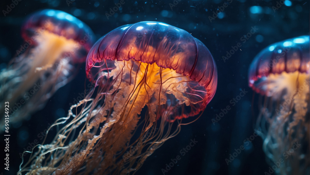 Glowing jellyfish swim deep in the deep blue sea. Medusa neon jellyfish fantasy concept. - obrazy, fototapety, plakaty 