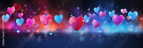 Colorful hearts background banner. Valentine s Day. Panoramic web header with copy space. Wide screen wallpaper.