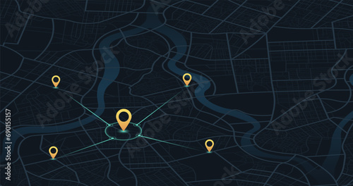 Multiple destinations. Gps tracking map. Track navigation pins on street maps, navigate mapping technology and locate position pin. Futuristic travel gps map or location navigator vector isometric