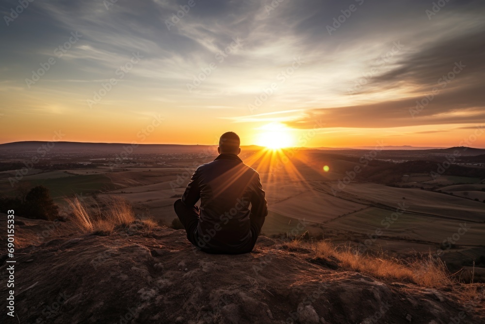 man sitting on hill during sunrise
