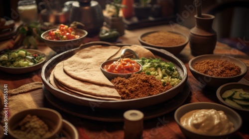 A lively Ethiopian meal with shared platters and injera bread.