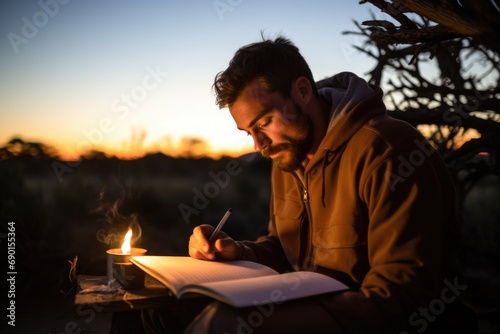 man writing in a journal at sundown