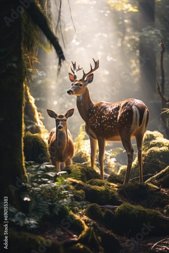 A couple of deer standing next to each other in a forest © Friedbert