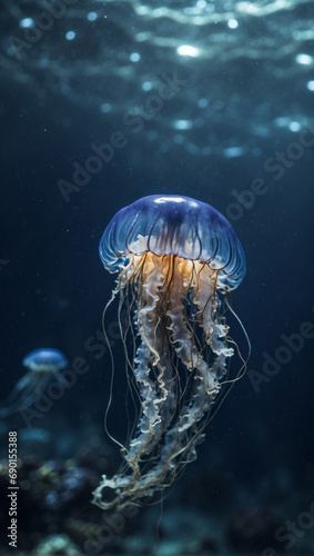 Glowing jellyfish swim deep in the deep blue sea. Medusa neon jellyfish fantasy concept. © Sergie