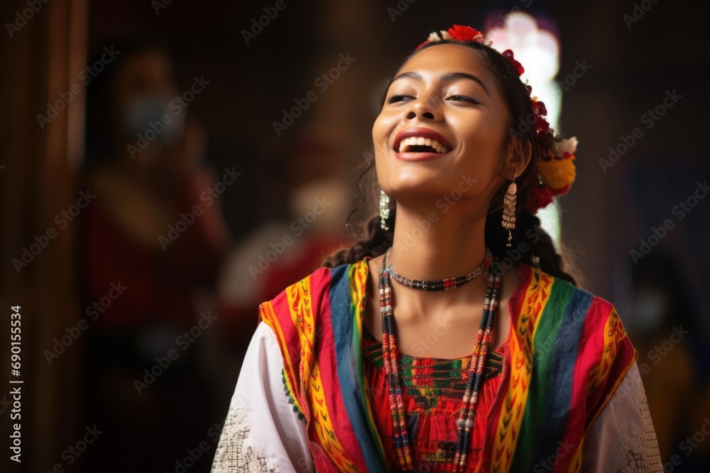 woman adorned with ceremonial attire singing at church