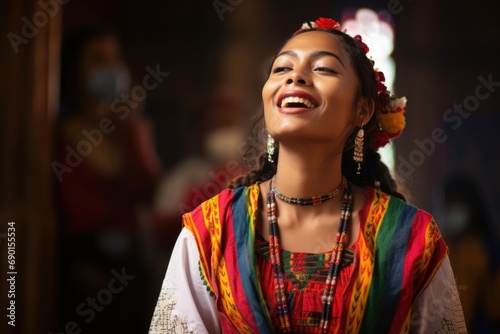 woman adorned with ceremonial attire singing at church © primopiano