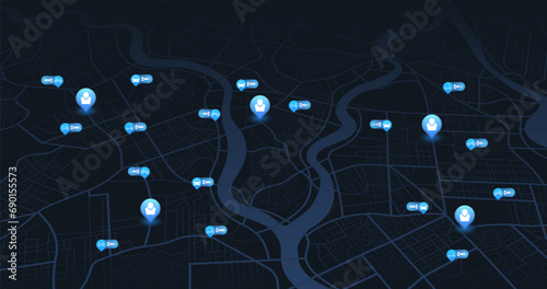 Map location mark. Battery vehicles tracker. Rental service: kick scooter, bicycle, electric car. App for search, rent transport. Connected vehicle remote parking. Editable vector illustration