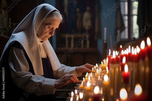 nun tending to a chapel胢s candles photo