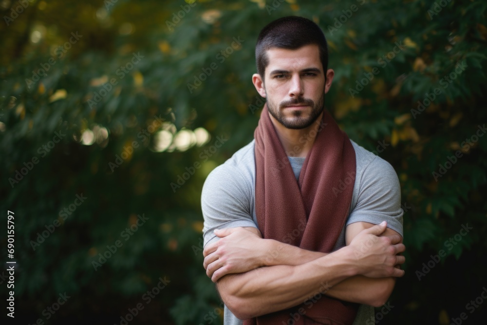 Fototapeta premium man wraps arms around self, portraying self-comfort