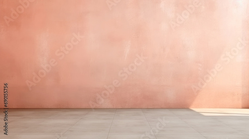 An empty room with a pink wall and tiled floor, peach fuzz, color of the year 2024, monochromatic image