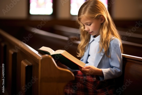 girl in church pew reading a bible photo